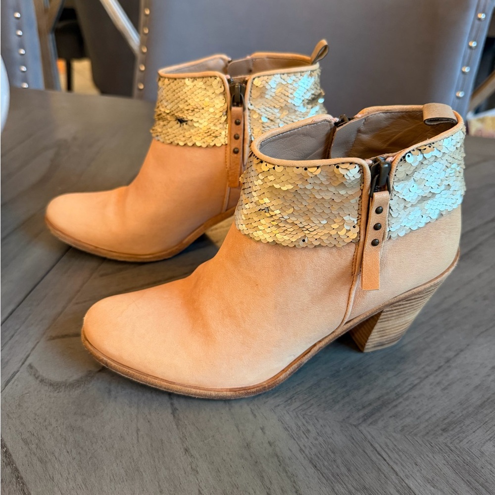 Sequin-Embellished Tan Ankle Boots